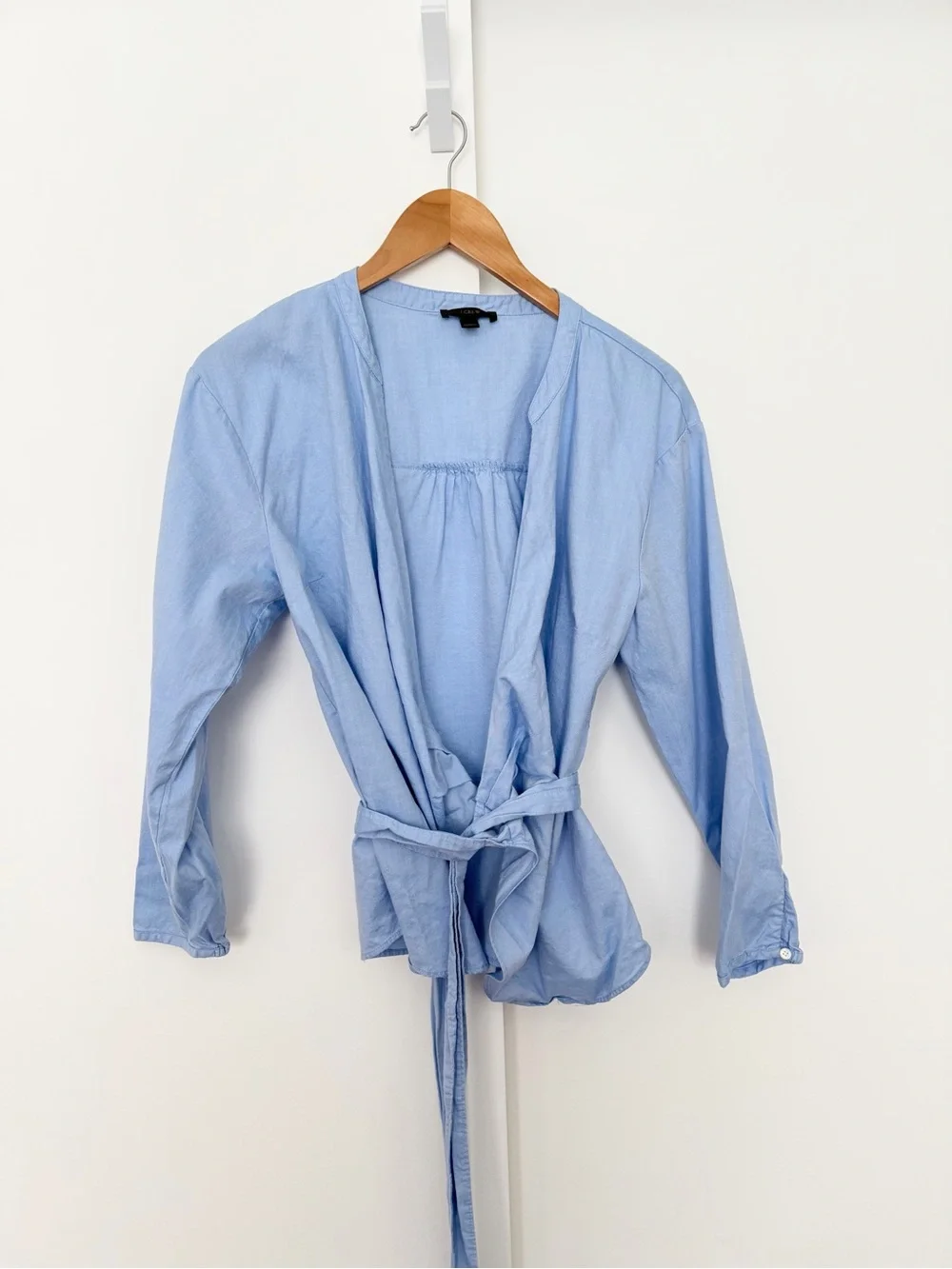 J. Crew Sarah Wrap Top Oxford Powder Blue Long Sleeve Blouse Surplice Medium